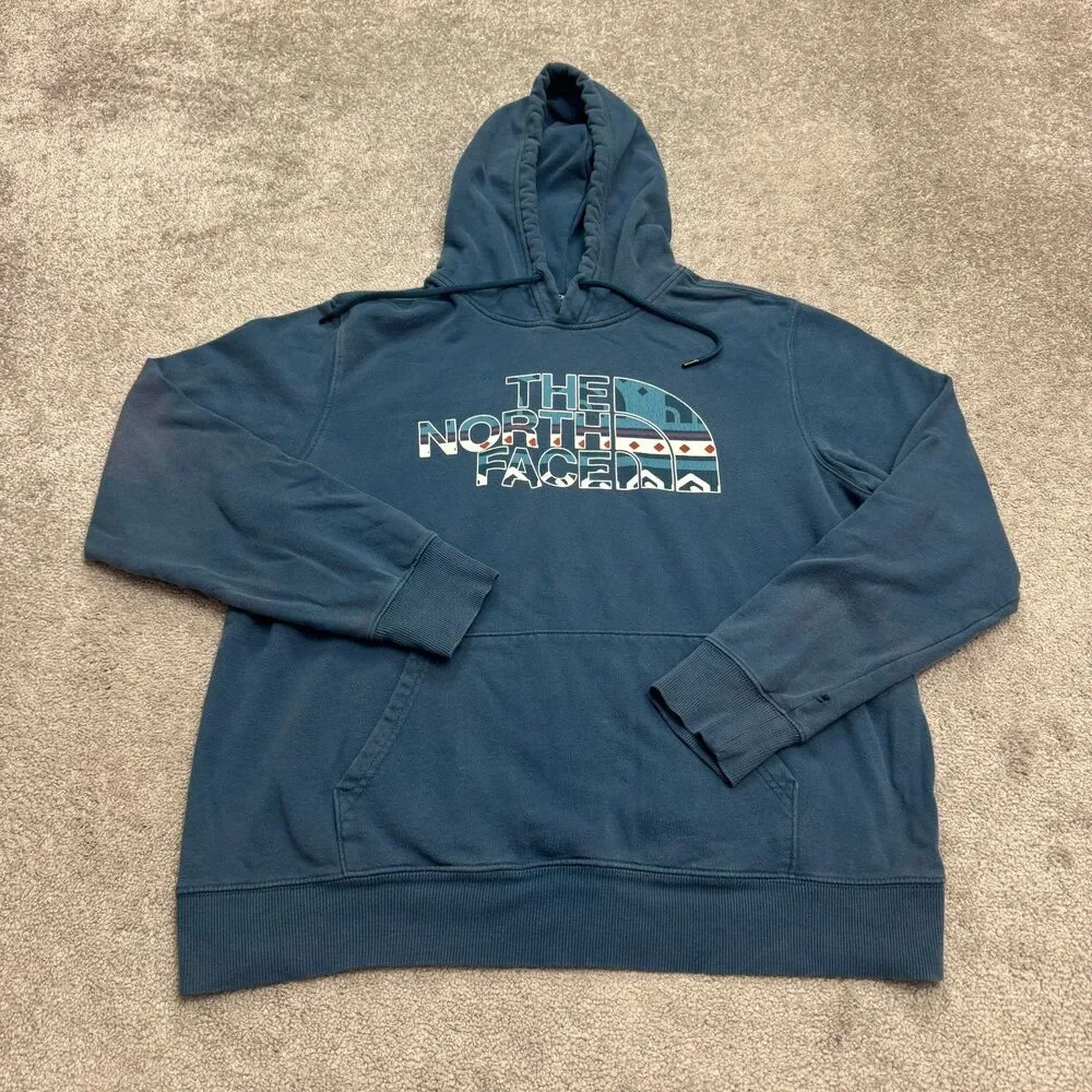 The North Face Aztec Pullover Hoodie Graphic Sweatshirt Mens Large Blue Casual